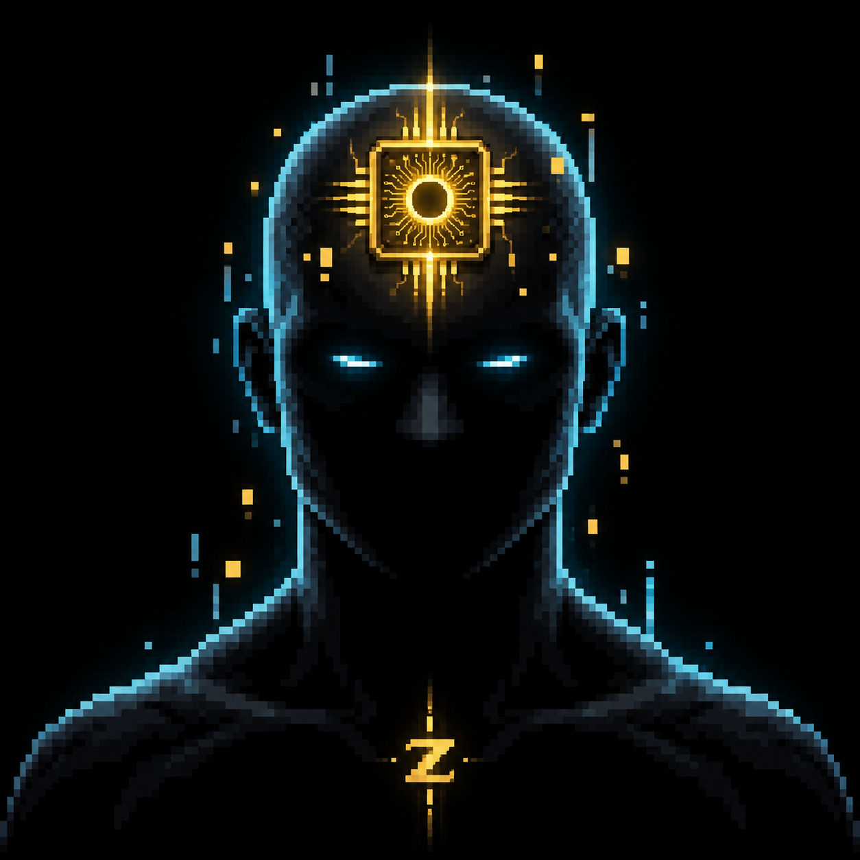 Znulls pixel character with blue eyes, a gold chip and a Z emblem